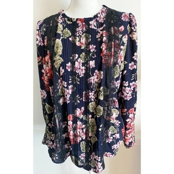 Ann Taylor Tops - Ann Taylor • Blue Floral Lace Petite Winter Garden Blouse